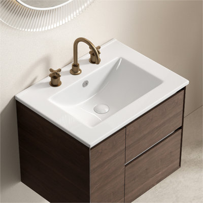 Lavabo vasque de salle de bain de 24 pouces, comptoir en céramique pour meuble-lavabo sans drain pratique pour ranger des objets personnels - blanc brillant - 3 trous