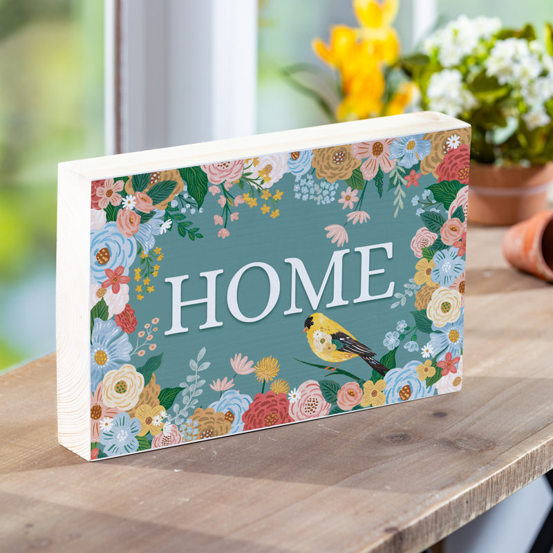 What She Shed Table Decor Wood Plock "Home" Floral Bird, 12"L x 8"H