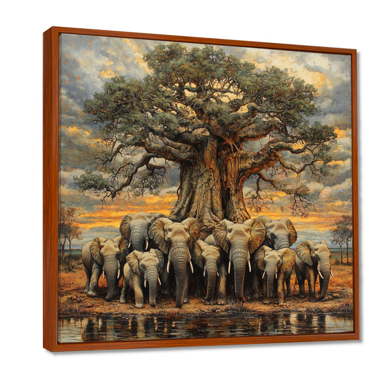 Hammes, éléphants d'Afrique par le baobab I - art mural éléphant pour le salon, H 30 po x l 30 po, Brun