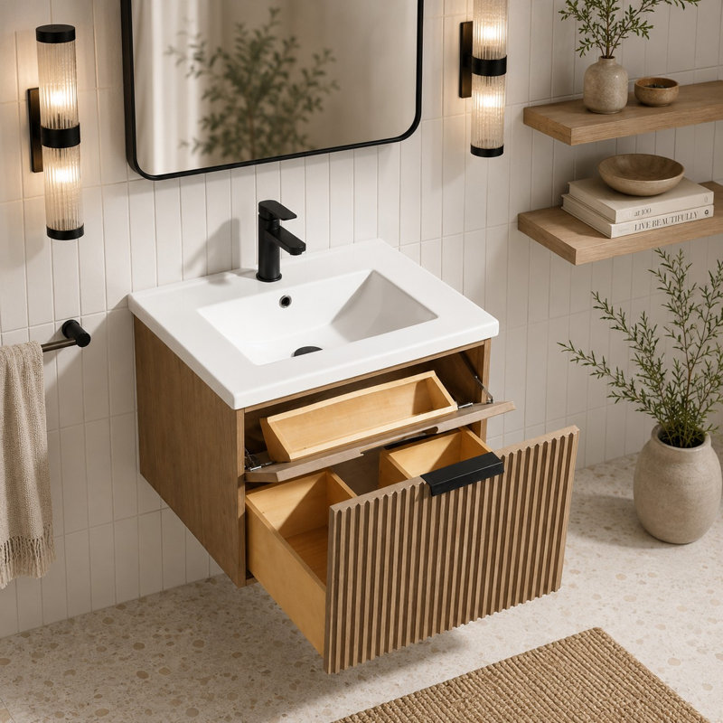 Anelie 24" Wall-Mounted Single Bathroom Vanity Set, Weathered Fir, Matte Black