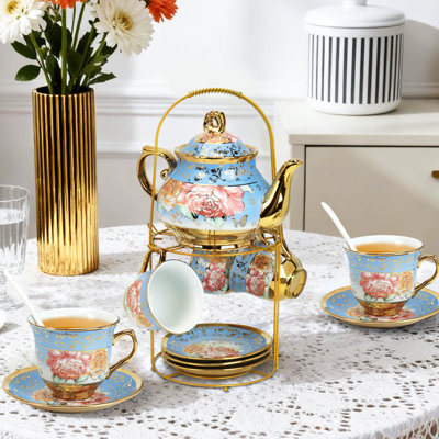 20 Pcs Porcelain Tea Set with Metal Holder and Spoon, European Ceramic Tea Set for Adults, European Flower Painting Teapot Cup Saucer Spoon Set for 6, Gift Pack