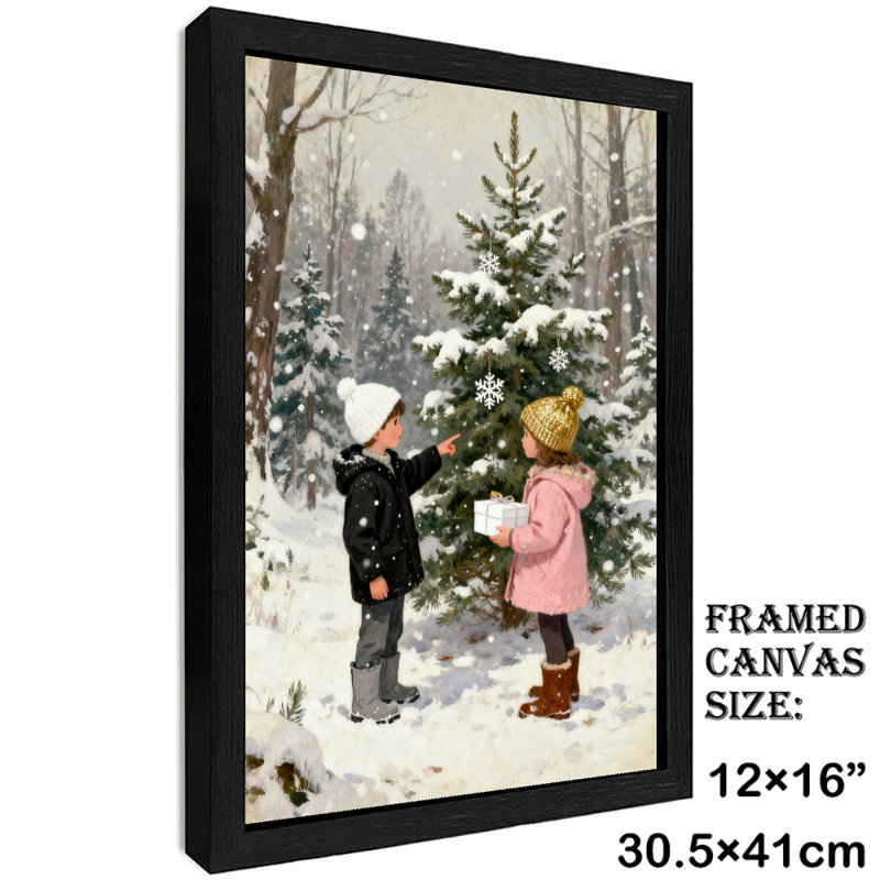 Garçon et fille encadrés noirs décorant un arbre de Noël dans une forêt enneigée avec art mural, H 17 po x l 13 po