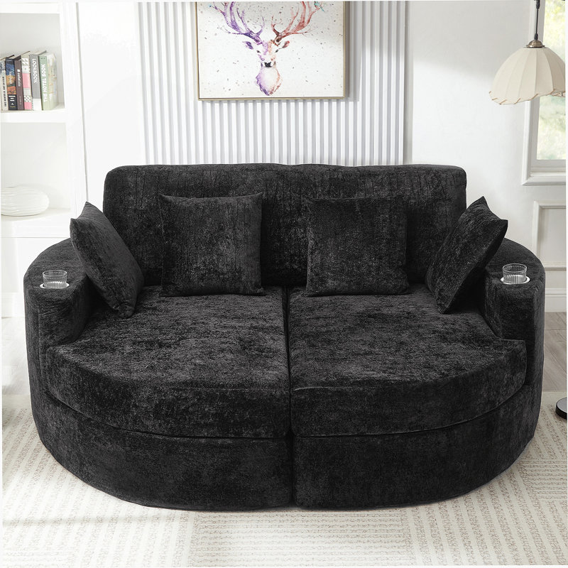 Full-Compressed Chaise Sofa 80" Curved Chaise Lounge Sofa Boneless Couch Upholstered Sofa Bed With Two Cup Holders For Living Room, Black
