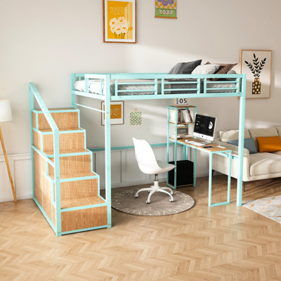 Grand lit mezzanine avec bureau intégré et support de rangement - Métal massif, quatre escaliers, supporte un bureau de 350 lb, structure en fer et étagère