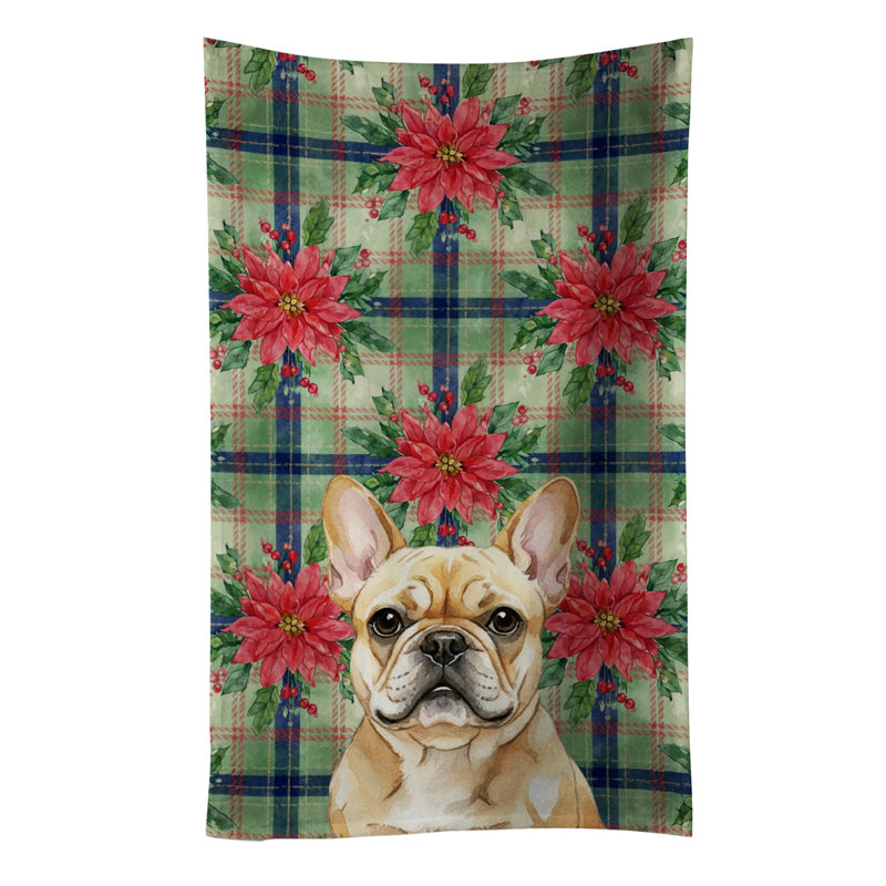 Fawn French Bulldog Christmas PoinsettIas Kitchen Towel, Fawn French Bulldog