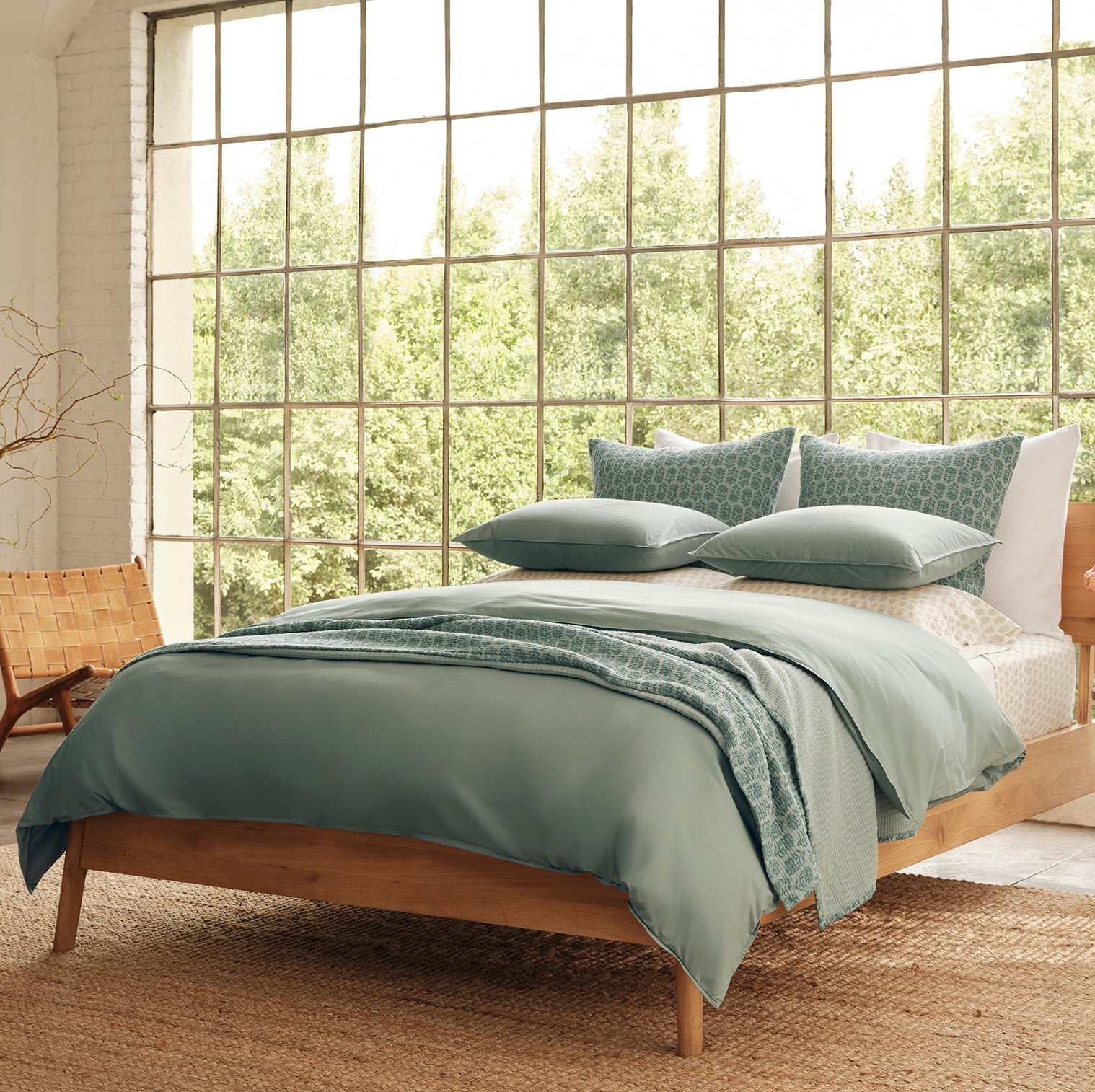 Organic Crinkled Percale 100% Cotton Percale Sheet Set, Full Sheet Set with 2 Pillowcases, Sage