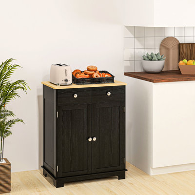 Buffet noir vieilli - comptoir en bois massif, 2 tiroirs, portes, tablette réglable pour la cuisine avec tablette à tiroirs, rangement