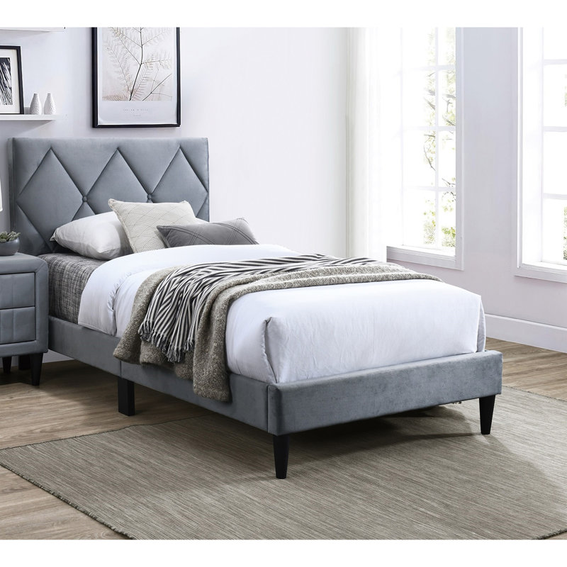 Lit simple avec tête de lit réglable 1pc, meubles de chambre à coucher en velours gris pour les jeunes, Lit simple, Gris