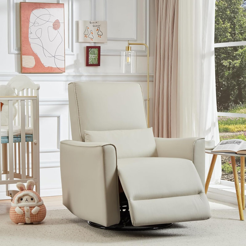 Manual Swivel Rocking Recliner Chair, High Back Faux Leather Sofa for Nursery, Beige, Beige