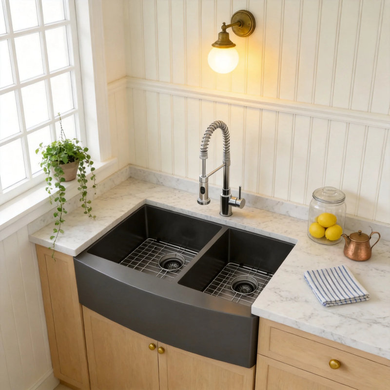 36" L x 21" W Gunmetal Black 16-Gauge T304 Stainless Steel Farmhouse Apron Front 60/40 Double Bowl Kitchen Sink with Accessories