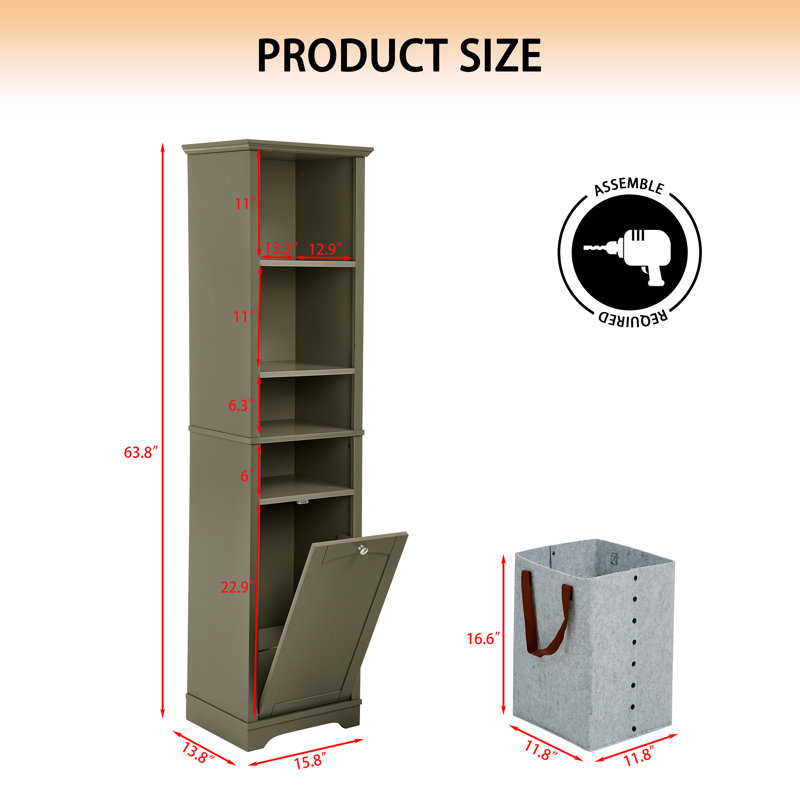 64" Tall Bathroom Storage Cabinet with 4 Open Shelves and Laundry Hamper for Small Space, Gray