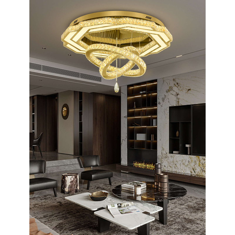 Crystal Chandeliers Dia 32" Gold Elegant Chandelier Flush Mount Ceiling Light for Bedroom Living Room Dining Room Hallway Dimmable 3 Rings LED Celing Lighting Fixtures
