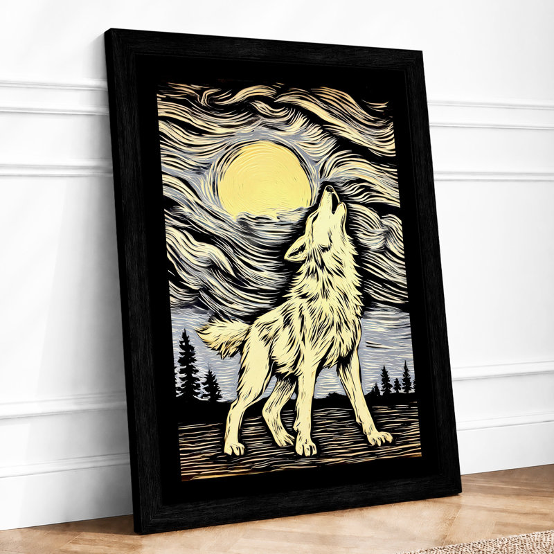Wolf Howls At Moon Rustic - Print, A4 - 29.7 x 21.0 cm, Black