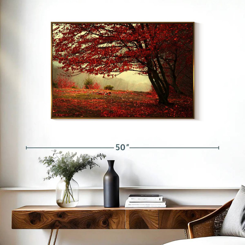 Arbre rouge en automne, Cadre flottant doré, 37 po x 25 po