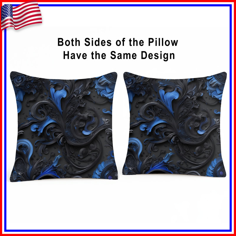 Coussins Intricate Abstract Swirls, 18 x 18 pouces, Noir de jais et bleu de cobalt