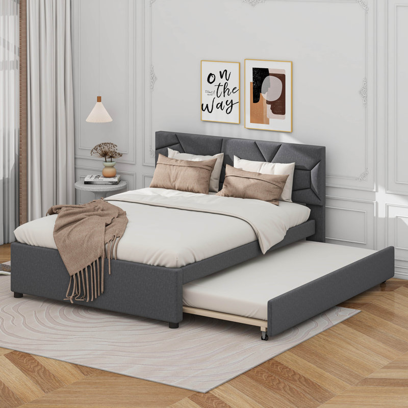 Élégant lit plateforme tapissier, tête de lit à motif brique avec lit gigogne, Double, gris