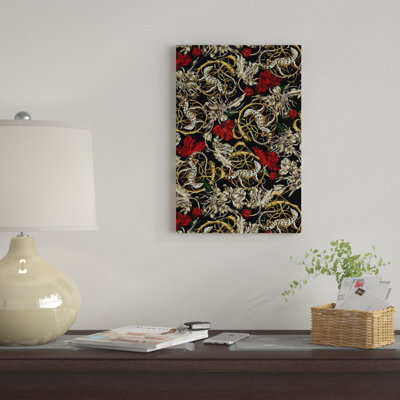 Reproduction d'art graphique sur toile tendue, "Floral and lézard" par Burcu Korkmazyurek