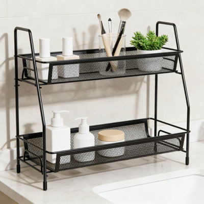 2-Tier Metal Wire Mesh Countertop Organizer With Side Basket And Hooks, Multi-Purpose Bathroom Vanity Tray And Kitchen Spice Rack Storage Shelf