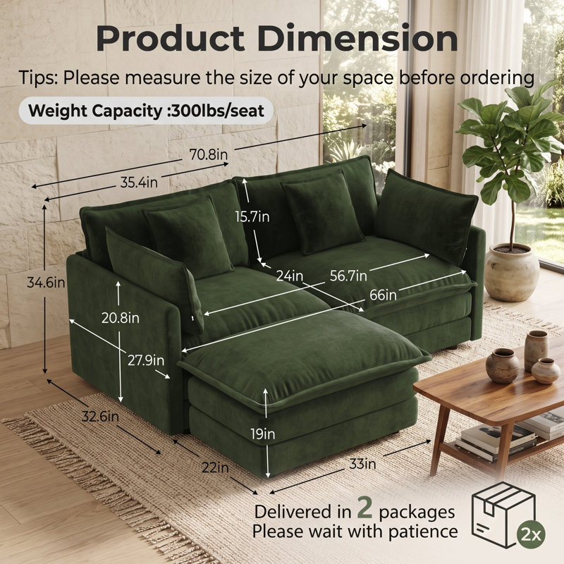 Canapé modulaire surdimensionné à deux places en chenille avec pouf amovible et assise profonde, 2 Seat+1 Ottoman