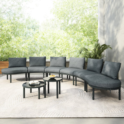 Mobilier de patio 8 pièces: canapé modulaire demi-lune avec 2 tables basses hautes, pe, verre trempé, confort pour le jardin et la piscine: canapé modulaire, structure en aluminium, coussins décoratifs