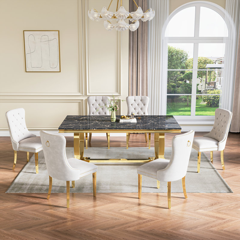 Rectangular 70.1"L X 35"W Dining Set, Blanc / Doré, Noir et or, 7 pièces : table, 6 chaises