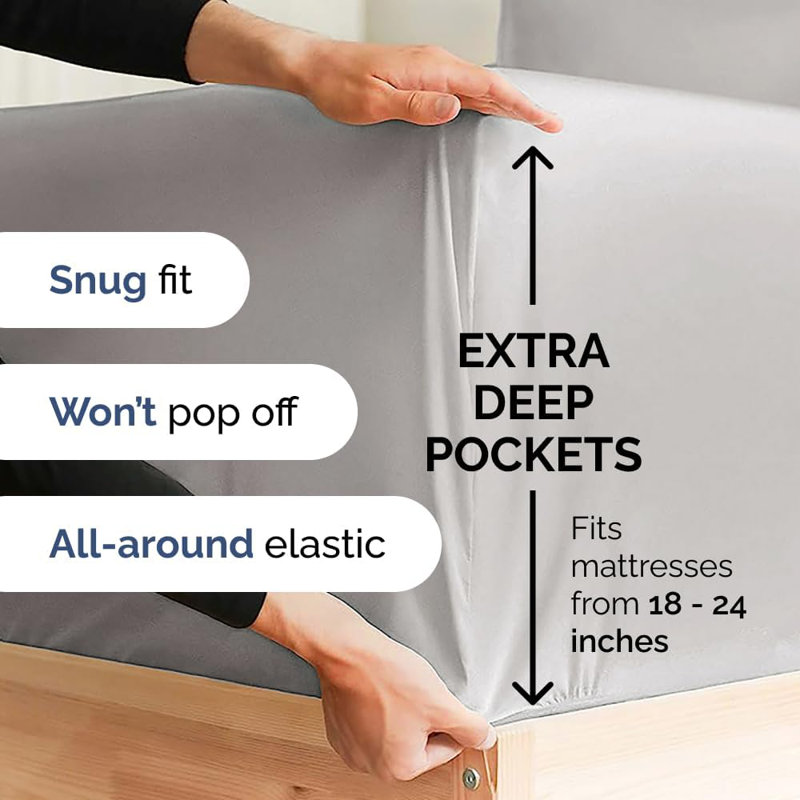 Extra Deep Pocket Sheet Set, Cooling & Breathable Bed Sheets, Soft Hotel Luxury Bedding, Fits 18–24 Inch Mattress, Light Gray