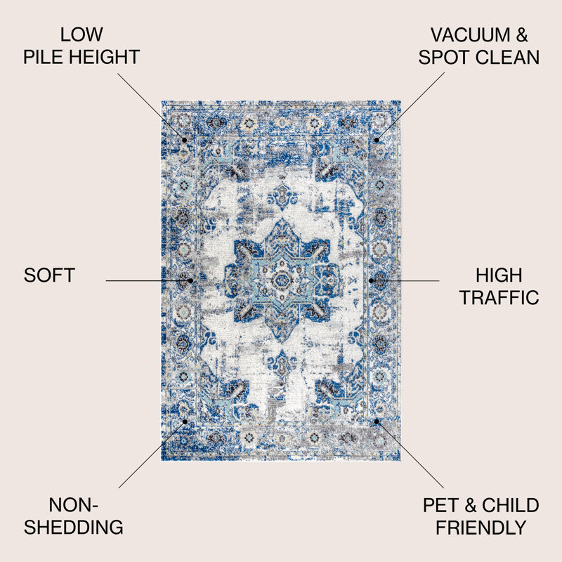 Tapis ivoire / bleu Lathem, Rectangle 5 pi 3 po x 7 pi 7 po
