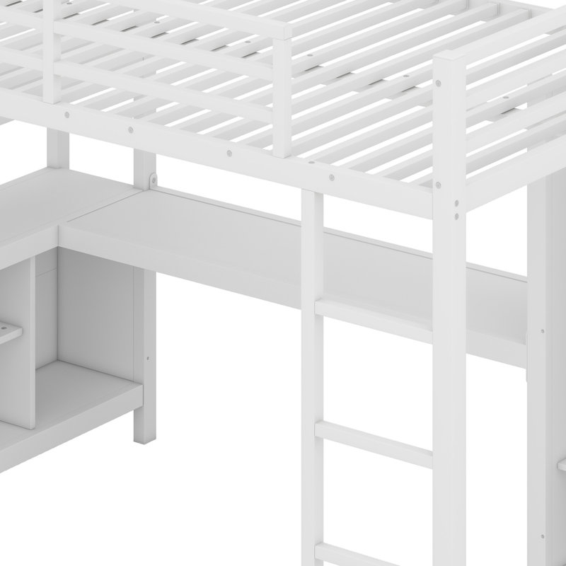 Lit mezzanine en métal avec garde-robe et bureau en L, avec cubes de rangement et tablettes, Blanc