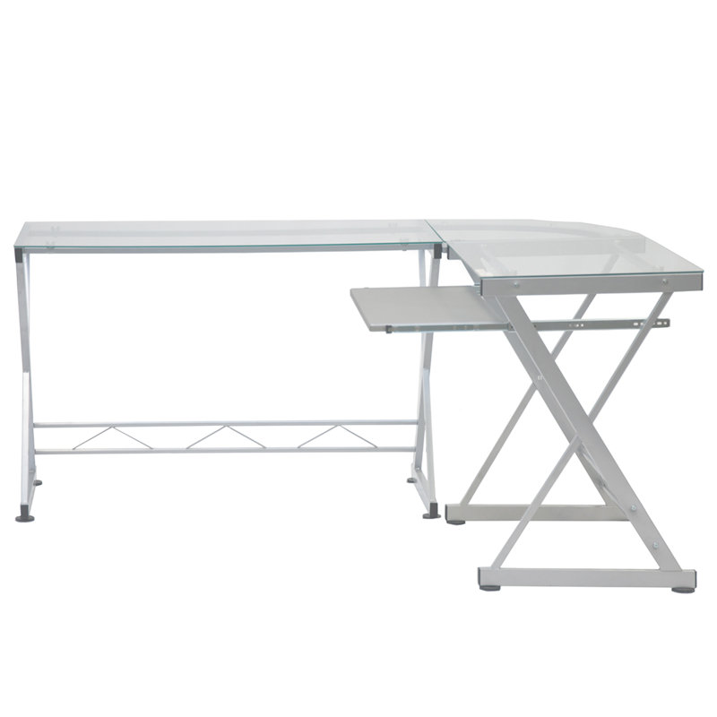 L-Shaped Tempered Glass Top Computer Desk with Pull Out Keyboard Panel