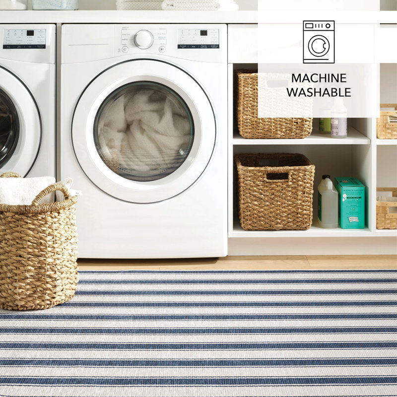 Blue Awning Stripe Machine Washable Rug, Rectangle 8'6" x 11'6"