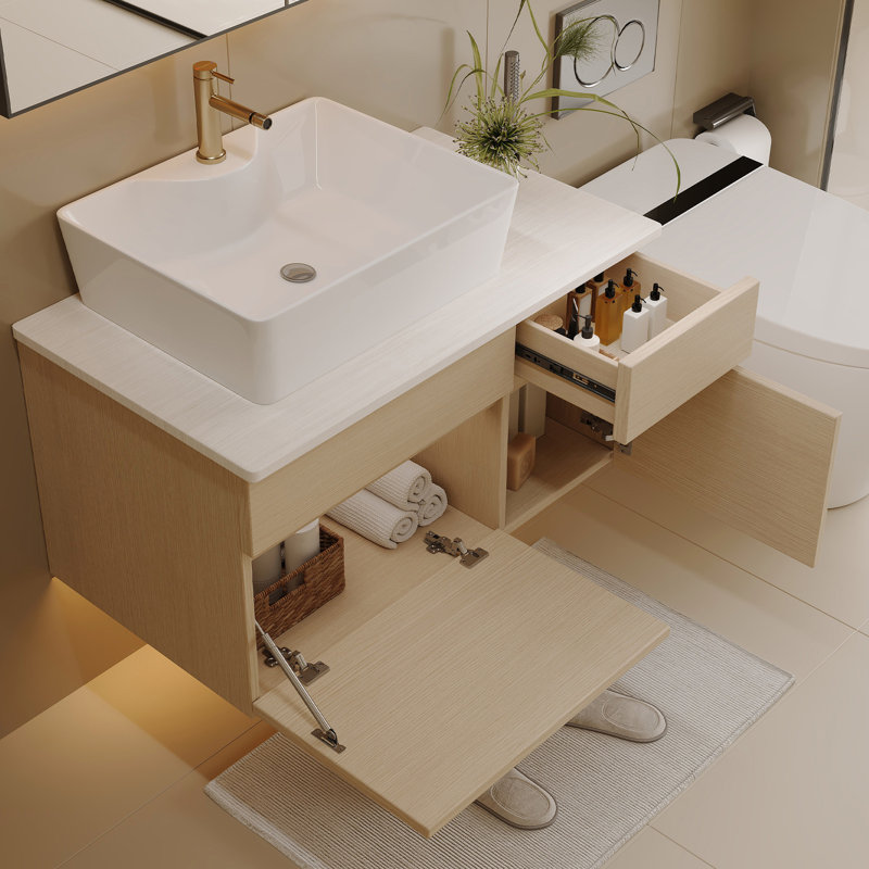 Meuble-lavabo flottant 31,5 pouces avec lavabo vasque en céramique, plateau en bois multi-couches, armoire à charnière silencieuse pour l'organisation des tiroirs de rangement