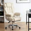 Fauteuil de bureau ergonomique inclinable en cuir beige avec repose-pieds, idéal pour les personnes de grande taille et de forte corpulence. Dossier haut confortable.