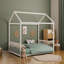 Structure de lit pleine grandeur en métal de style Montessori, forme de maison avec barrières de sécurité verticales pour enfants, assemblage facile, sans lattes, blanc-642777195-642777196