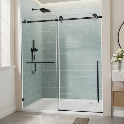 Porte de douche coulissante simple sans cadre, porte en verre trempé avec film antidéflagrant et poignée en acier inoxydable