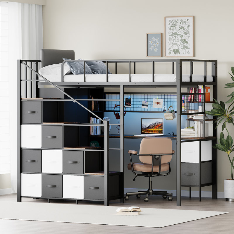 Twin Size Loft Bed with Desk and Stairs, All-in-One Metal Frame with Headboard, LED Lighting, Charging Station, Closet and Storage