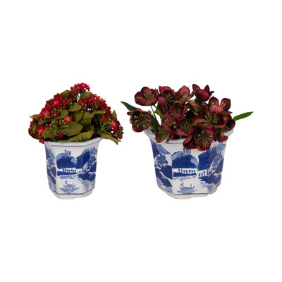 Ceramic Set of 2 Fluted Chinoiserie Planters, Exquisite Blue and White, Perfect for Home Decor