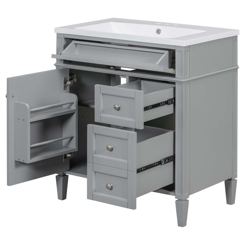 Ensemble de meuble-lavabo moderne avec lavabo simple 3 tiroirs et miroir, Gris