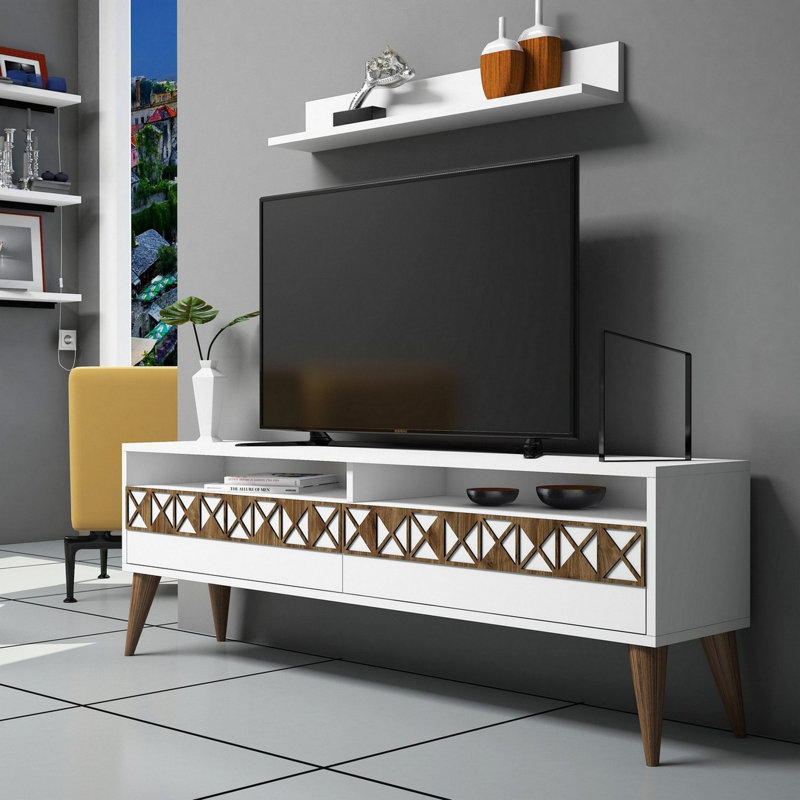 Modern White TV Unit with Wall Shelf, 59.1 x 19.7 x 11.8 inches | 100% Melamine Coated Particle Board, Thickness: 0.7 inches | Scandinavian Design, Multiple Shelves, Wall-Mountable, Stylish & Functional for Home Entertainment