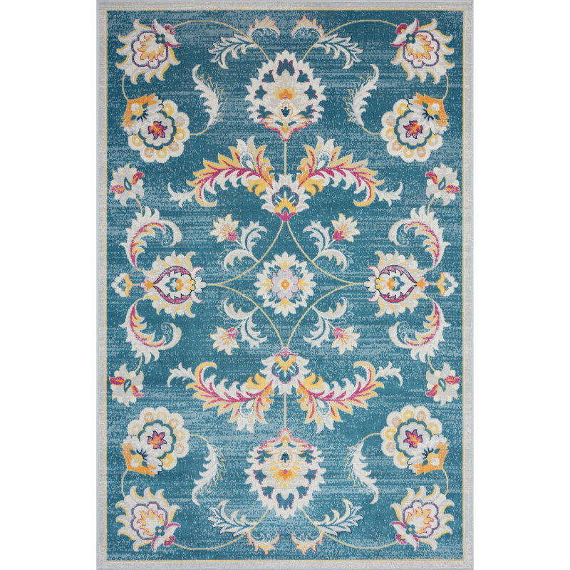 Poulin Floral Flatweave Blue/Yellow/Pink Power Loomed Indoor/Outdoor Area Rug, Rectangle 5'3" x 7'10"
