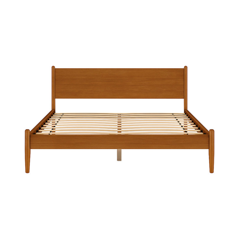 Très grand lit de style Mid-Century avec finition en chêne, ensemble de lattes, sans sommier et composition en bois d'ingénierie pour lit de chambre à coucher, pieds fuselés ronds, construction solide, base à lattes