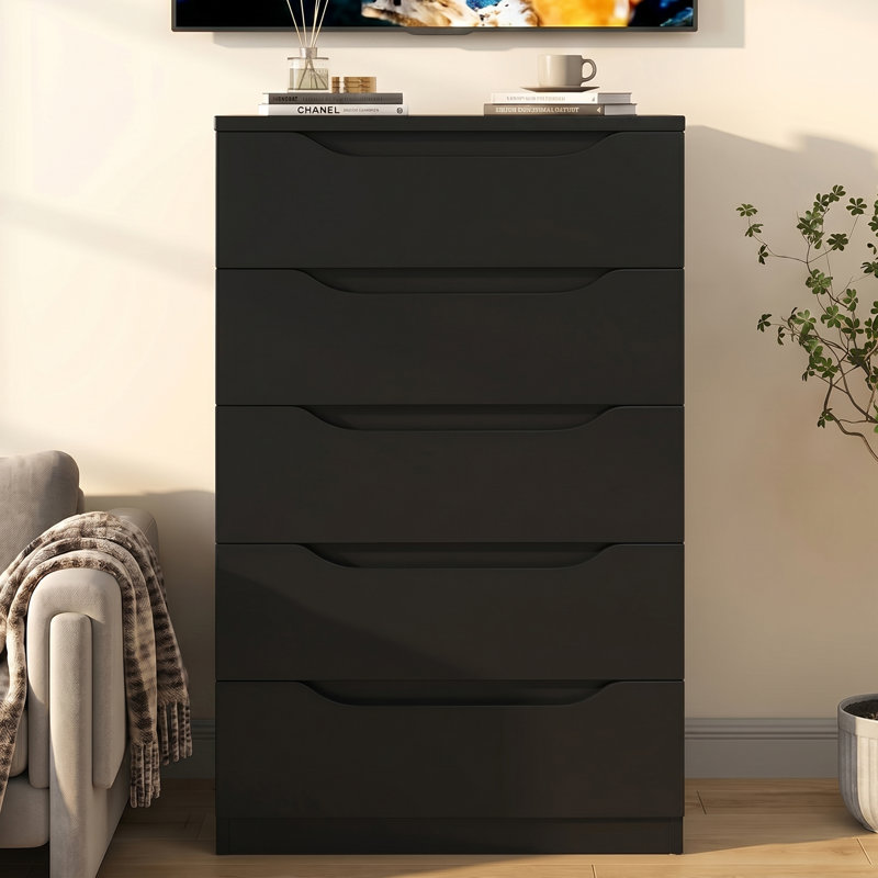 Freya Modern 5-Drawer Chest with Convertible Hidden Drawer, Black