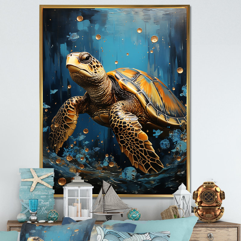 Coquille d'or sous l'eau sur toile, H 32 po x l 16 po x P 1 po, Cadre flottant doré