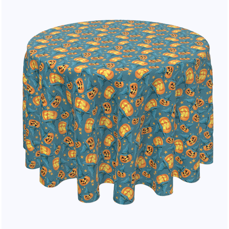Geometric Round Halloween Tablecloth, 60" L x 60" W, Pumpkin Witch Hat and Stars