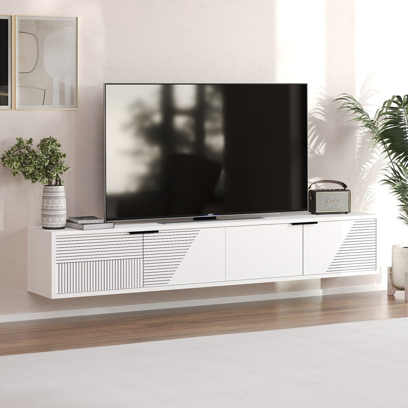 Meuble télé blanc moderne 100% mélamine, panneau de particules 70,9 x 11,8 x 11,8 pouces | Conception murale, forme géométrique élégante | Parfait pour le salon et les espaces de divertissement, durable et élégant