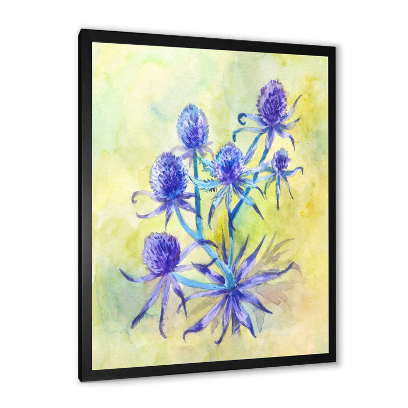 «Blue Wildflower Ernygium», art mural traditionnel sur toile, H 20 po x l 12 po x P 1 po, Cadre photo noir