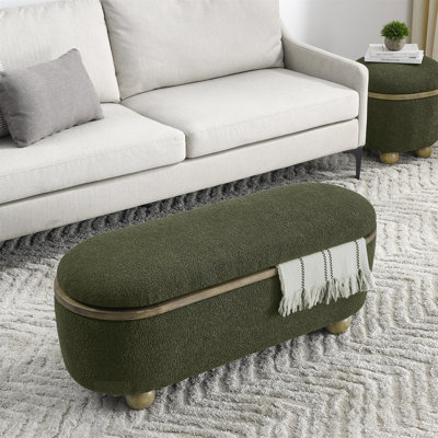Grand banc de rangement avec repose-pieds vert foncé avec sièges confortables et beaucoup de rangement pour une décoration moderne