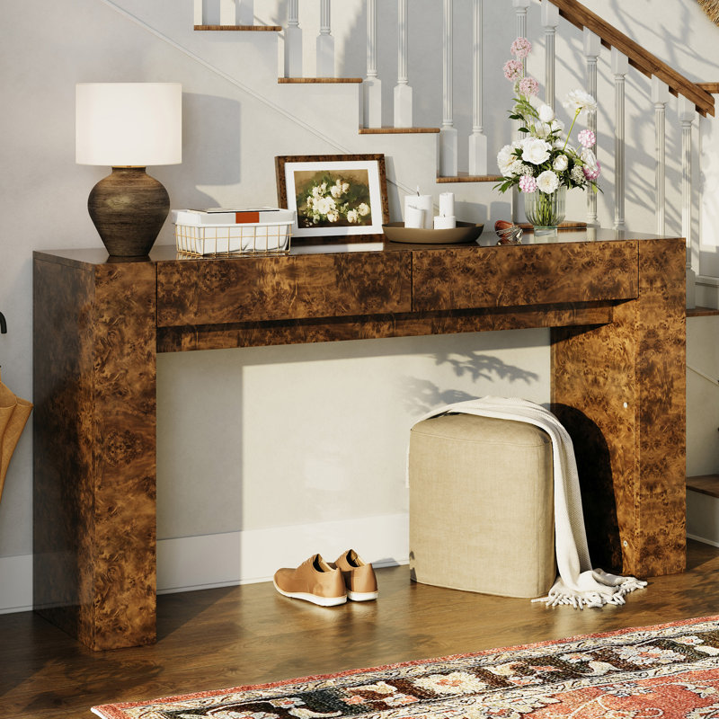 Dorne 63" Modern High Gloss Burl Wood Console Table with 2 Drawers, Brown, Brown