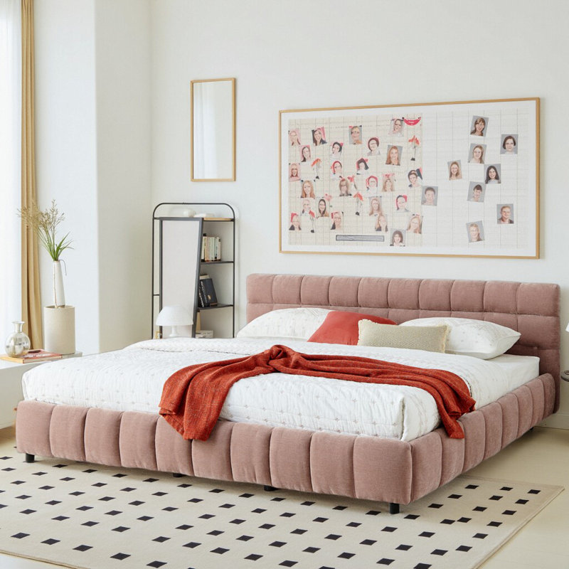Lit plateforme tapissier très grand avec chenilles en tissu Chenille, Très grand lit, Rose