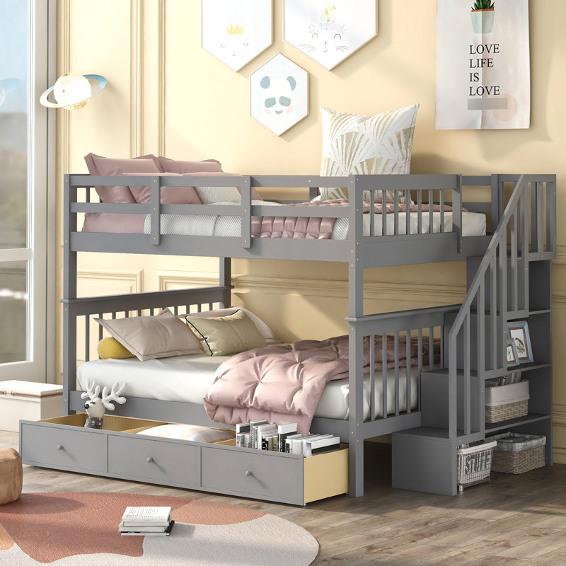 Lit superposé gris avec escalier, tiroir, rangement et garde-corps pour un rangement confortable et fonctionnel, Gris