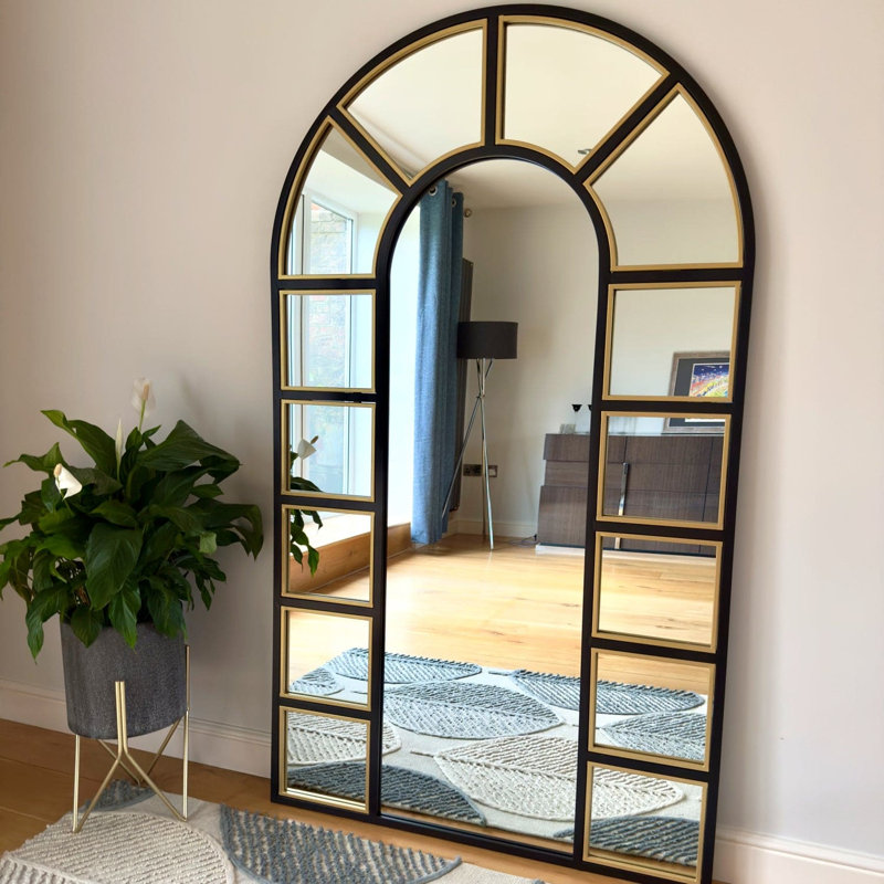 Mio - Black & Gold Metal Arched Window Wall & Leaner Mirror, 180cm x 105cm